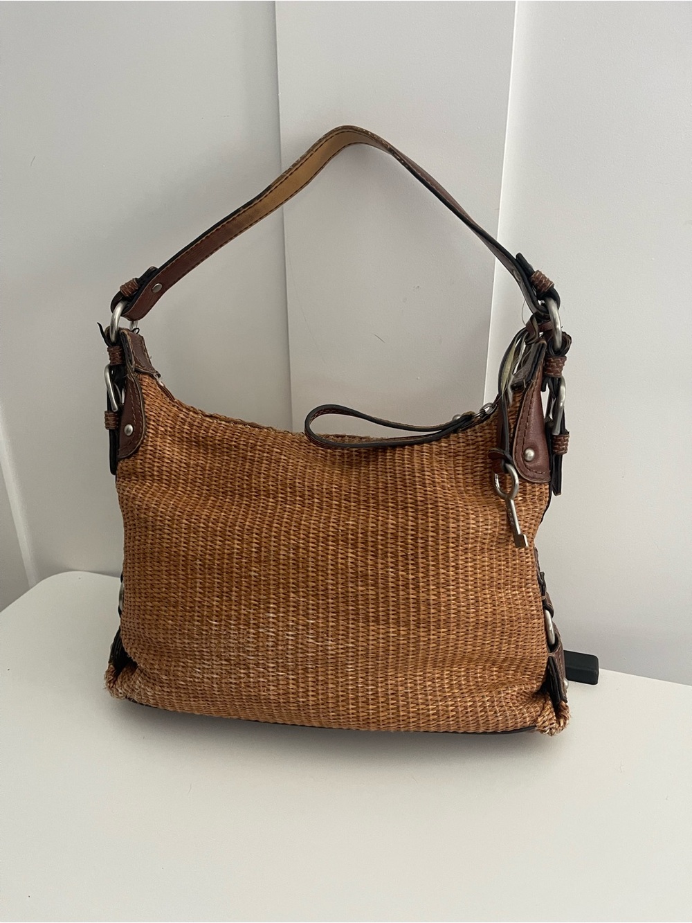 Fossil Tan Woven Zip Top Shoulder Bag Key Charm Silver Hardware Lined